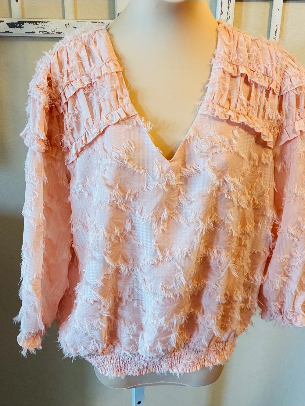 Cato Pale Pink Frayed V-Neck Blouse